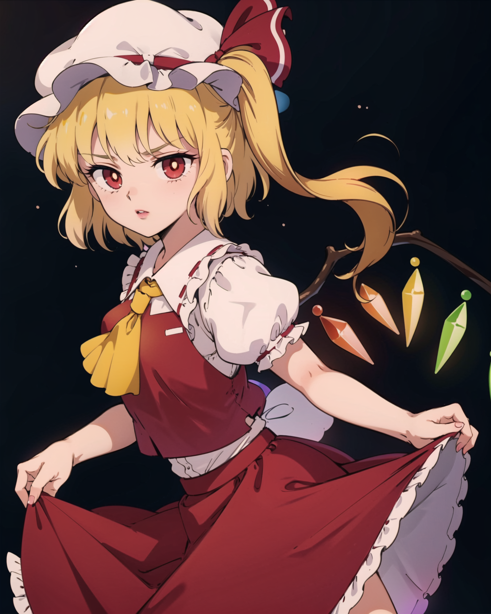00308-750394005-, 1girl, ascot, blonde_hair, cowboy_shot, crystal, flandre_scarlet, gradient, gradient_background, grey_background, hat, hat_rib.png